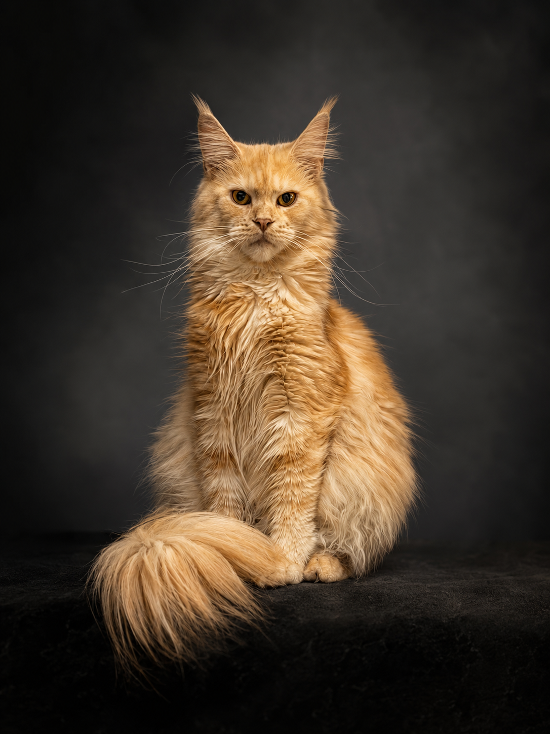 Röd Maine Coon-hane med voll och tofsar på öronen, porträtt mot mörk bakgrund
