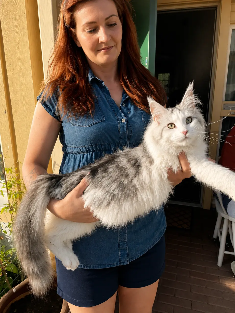 Vuxen silver-vit Maine Coon i famnen
